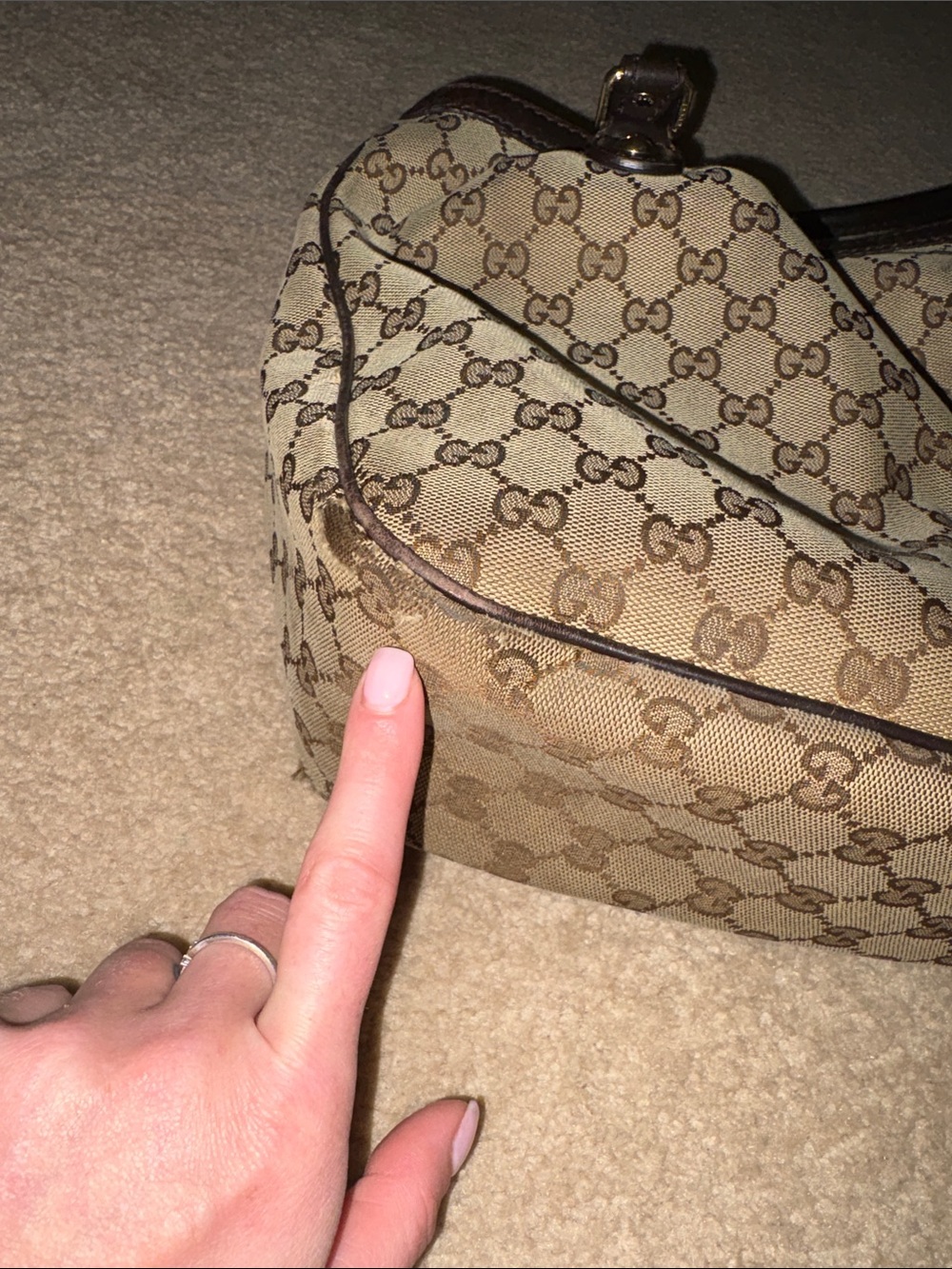 Gucci Beige GG Canvas Shoulder Bag with Brown Trim and Gold Charm - Picture 6 of 15